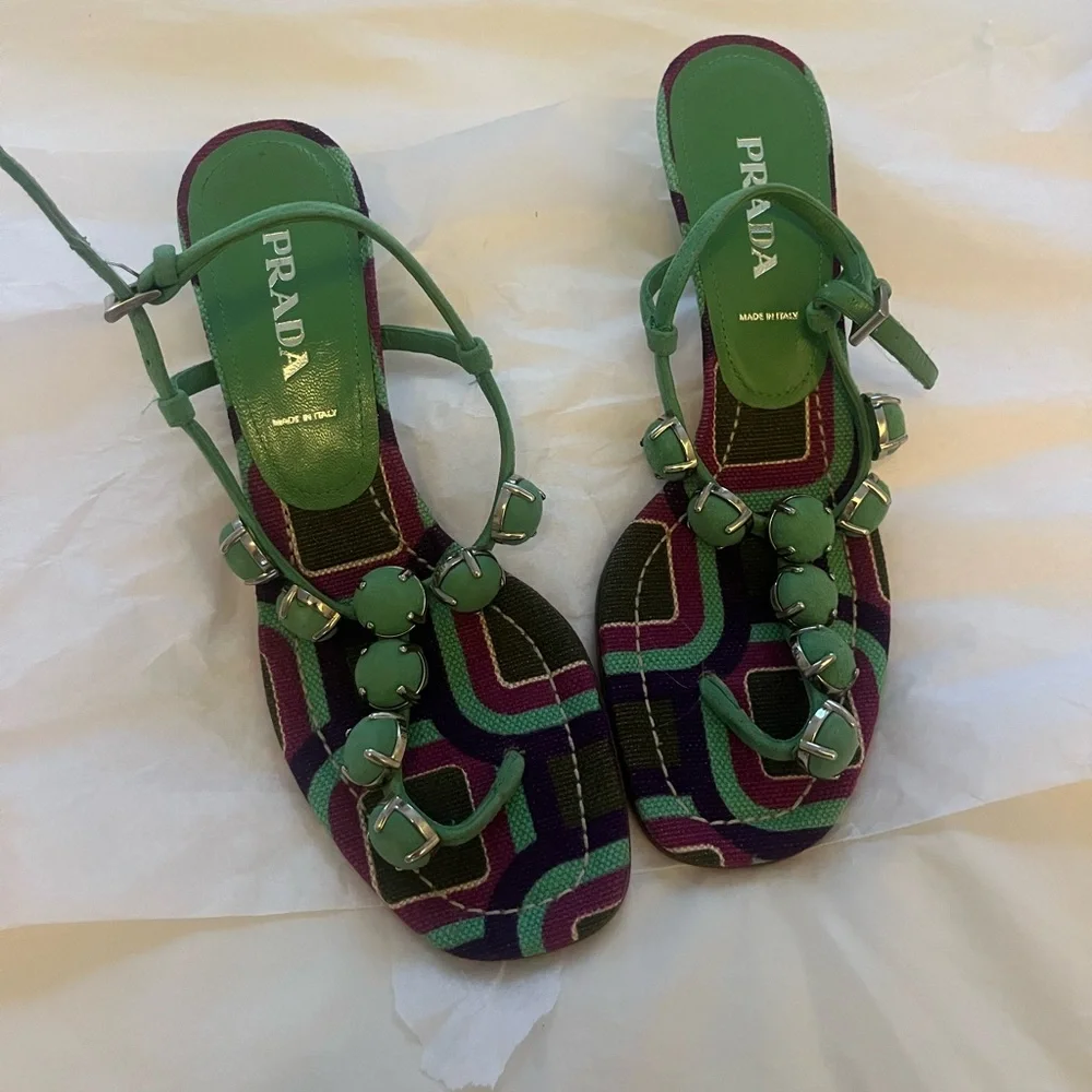 Prada Green Suede Kitten Heel Sandals - Picture 1 of 10